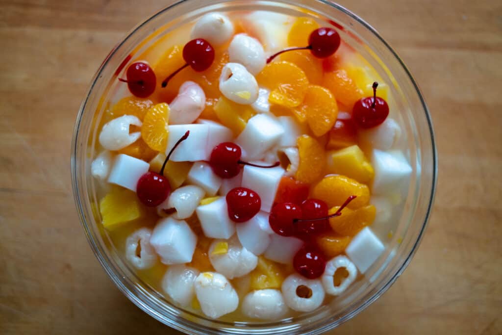 Fruit Cocktail with Almond Jelly in a bowl
