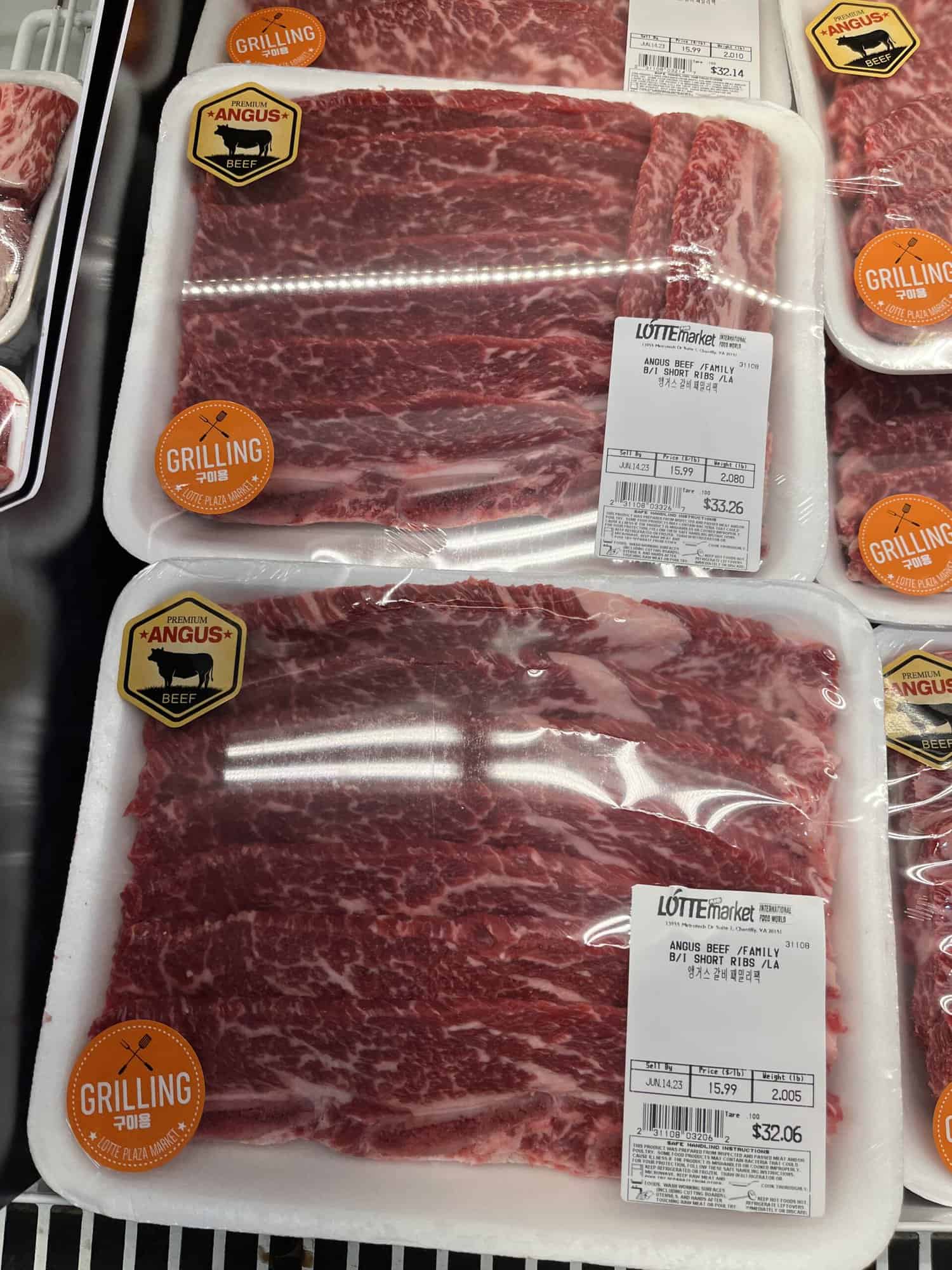 Raw packaged kalbi at Lotte Market